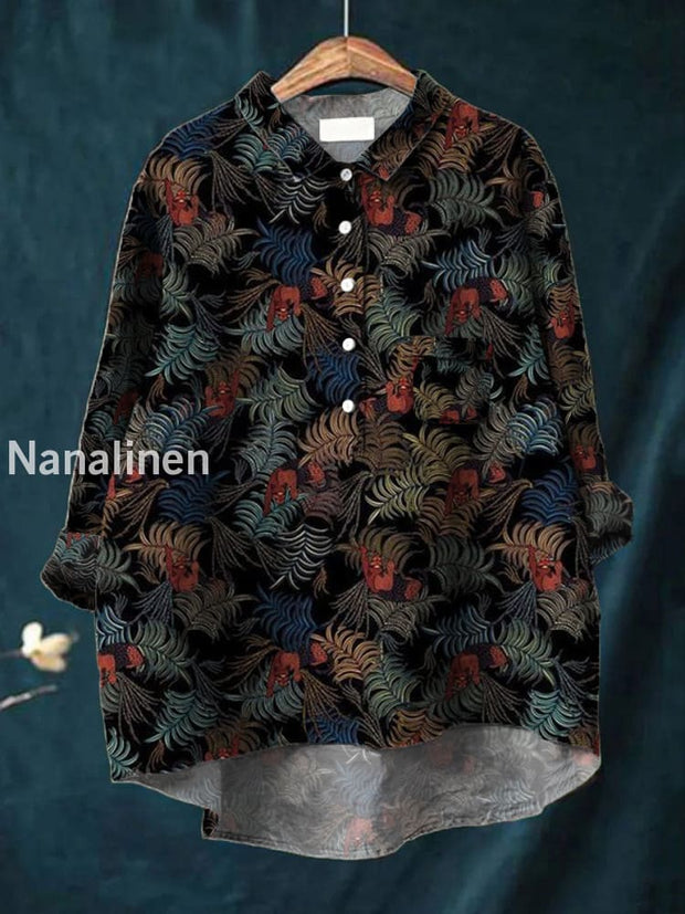 Women’s Fashion Elegant Artistic Plant Animal Print Long Sleeve V Neck Button Pocket Shirt Tops A