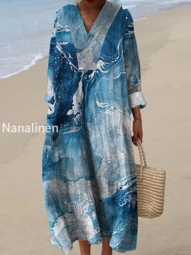 Women’s Fashion Elegant Artistic Wave Printed V-Neck Long Sleeve Maxi Dress A / S