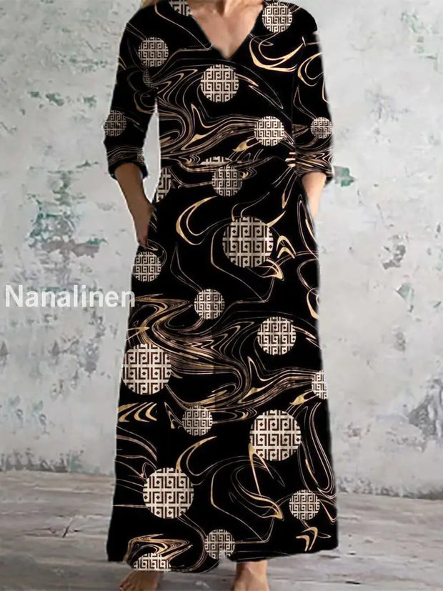 Women’s Fashion Elegant Black And Gold Contrast Art Print Three-Quarter Sleeve V-Neck Long Dress