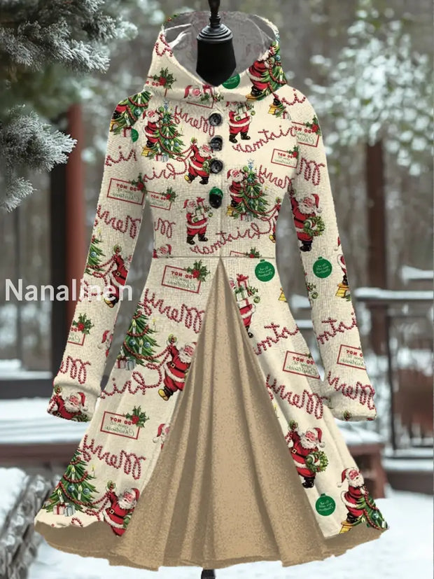 Women’s Fashion Elegant Christmas Art Print Long Sleeve Button Hooded Fake Two Piece Mini Dress A