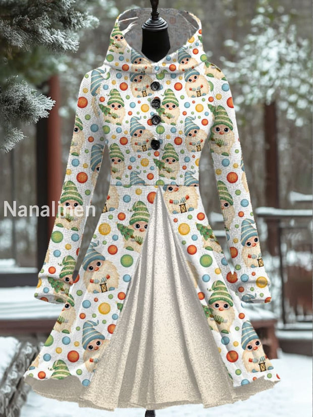 Women’s Fashion Elegant Christmas Art Print Long Sleeve Button Hooded Fake Two Piece Mini Dress A