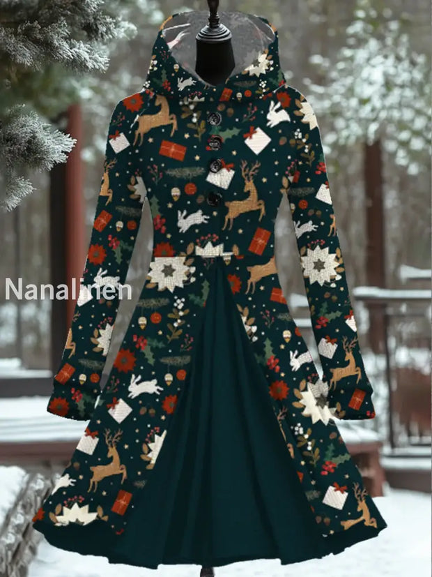 Women’s Fashion Elegant Christmas Art Print Long Sleeve Hooded Button Fake Two-Piece Mini Dress A