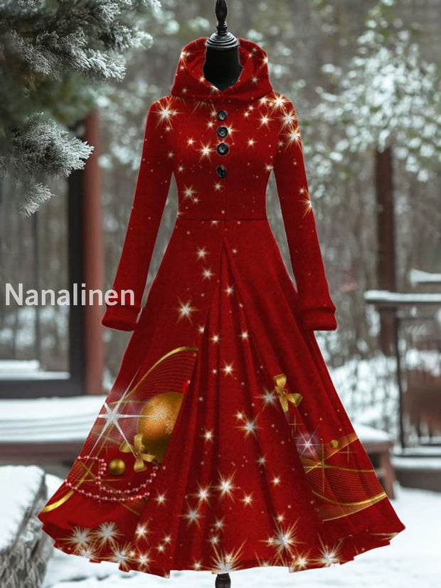 Women’s Fashion Elegant Christmas Art Print Long Sleeve Hooded Button Fake Two Piece Thick Dress