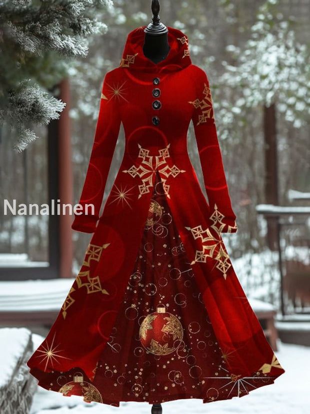 Women’s Fashion Elegant Christmas Art Print Long Sleeve Hooded Button Fake Two Piece Thick Dress