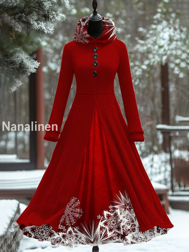 Women’s Fashion Elegant Christmas Art Print Long Sleeve Hooded Button Fake Two Piece Thick Dress