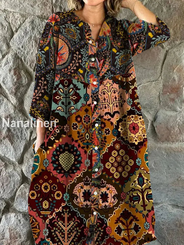 Women’s Fashion Elegant Ethnic Art Floral Print V-Neck Three Quarter Sleeve Button Midi Dress A / S