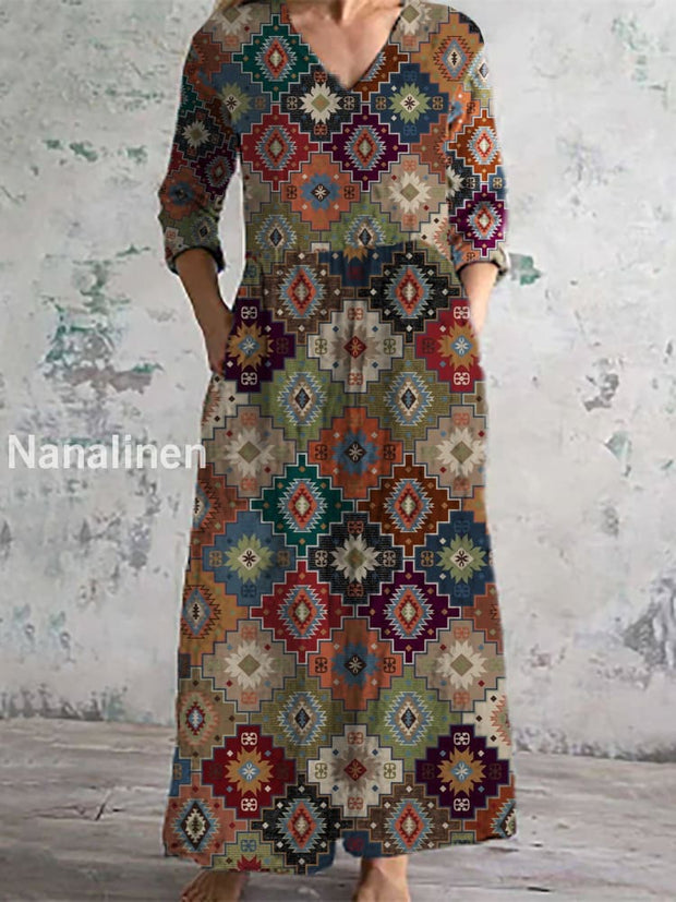 Women’s Fashion Elegant Ethnic Art Print Three Quarter Sleeve V Neck Maxi Dress A / S