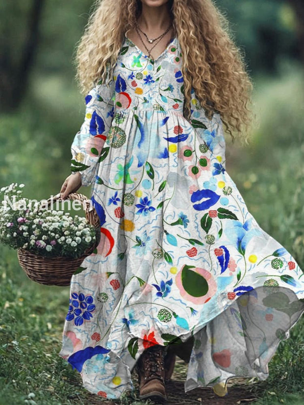 Women’s Fashion Elegant Floral Art Print V-Neck Long Sleeve Long Dress A / S