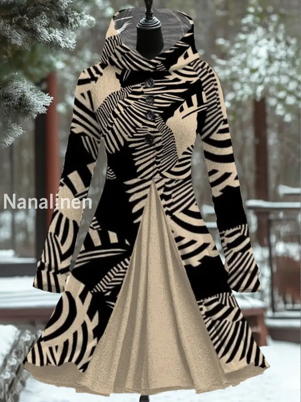 Women’s Fashion Elegant Line Art Print Long Sleeve Hooded Button Fake Two-Piece Mini Dress A / S