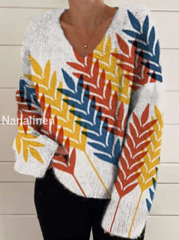 Women’s Fashion Elegant Simple Art Print Long Sleeve V Neck Knitted Sweater A / S