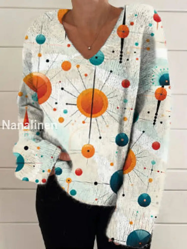 Women’s Fashion Elegant Simple Art Print Long Sleeve V Neck Knitted Sweater A / S