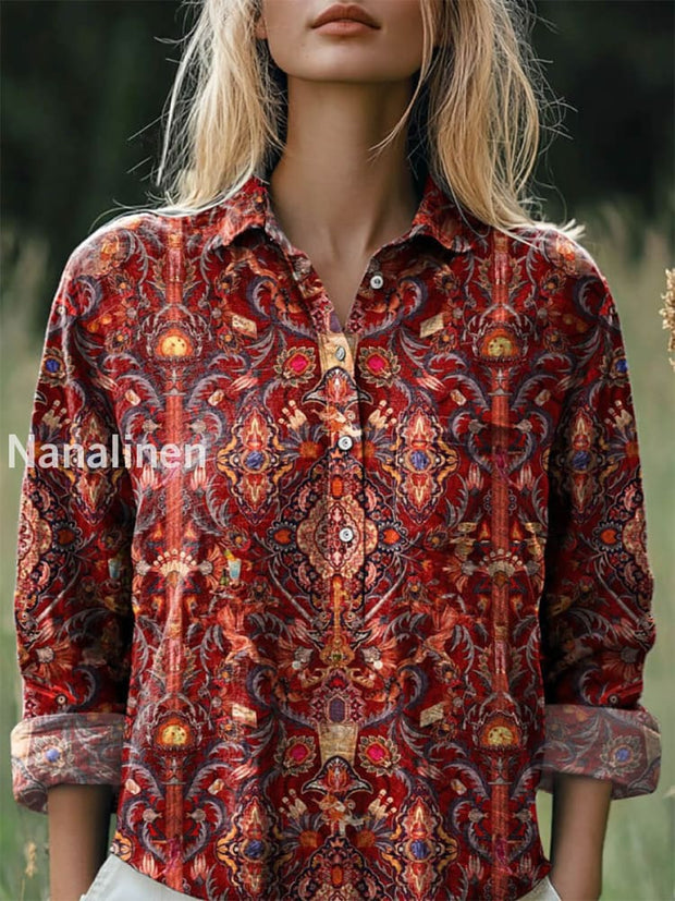 Women’s Fashion Elegant Vintage Art Floral Print V-Neck Button Top A / S