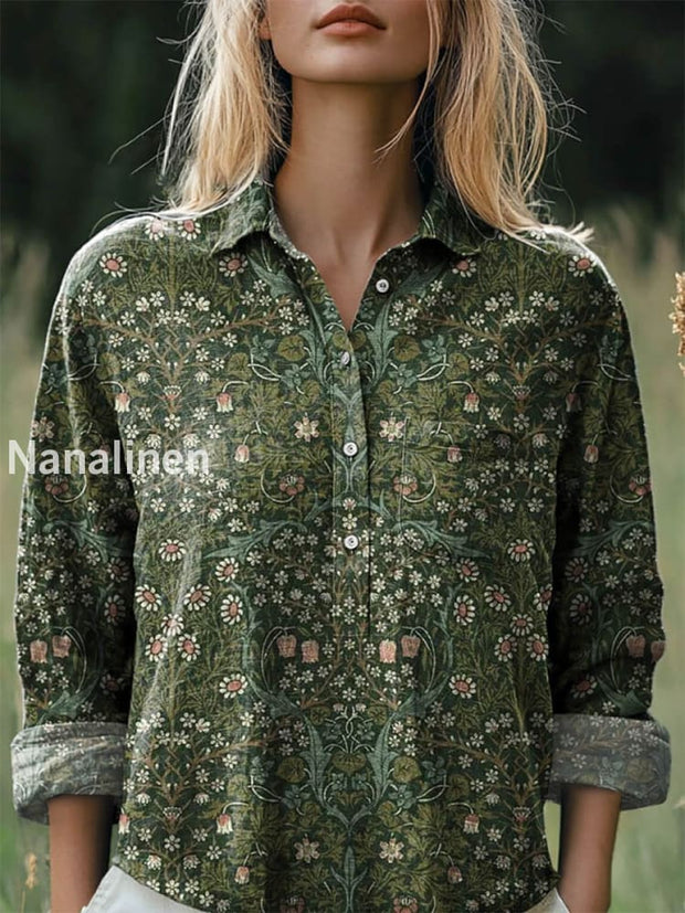 Women’s Fashion Elegant Vintage Art Floral Print V-Neck Button Top A / S