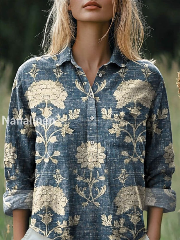 Women’s Fashion Elegant Vintage Art Floral Print V-Neck Button Top A / S