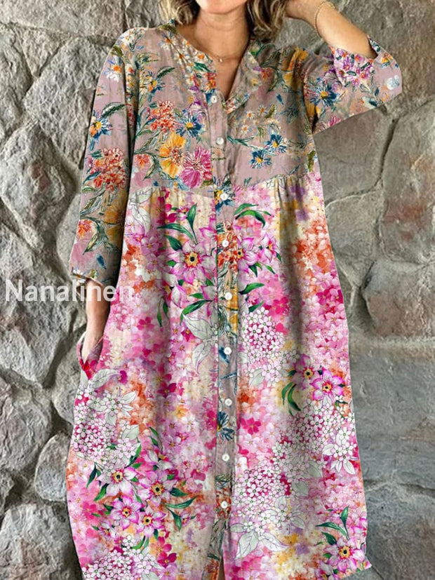 Women’s Fashion Elegant Vintage Art Floral Print V-Neck Three-Quarter Sleeve Button Midi Dress A / S