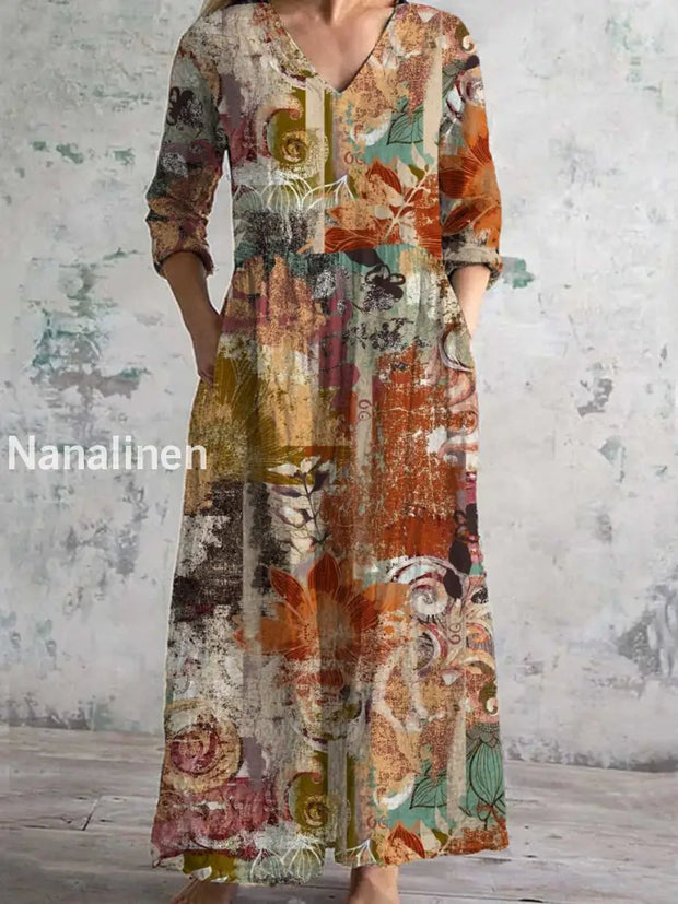 Women’s Fashion Elegant Vintage Mural Art Floral Print Three Quarter Sleeves V Neck Maxi Dress A / S