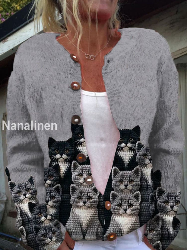 Women’s Fashionable And Elegant Animal Art Print V-Neck Long-Sleeved Button Cardigan Sweater A / S