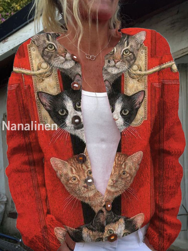 Women’s Fashionable And Elegant Animal Art Print V-Neck Long-Sleeved Button Cardigan Sweater A / S