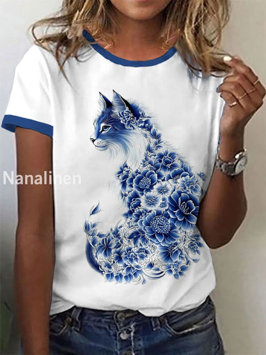 Women’s Floral Cat Print Casual T-Shirt White / S