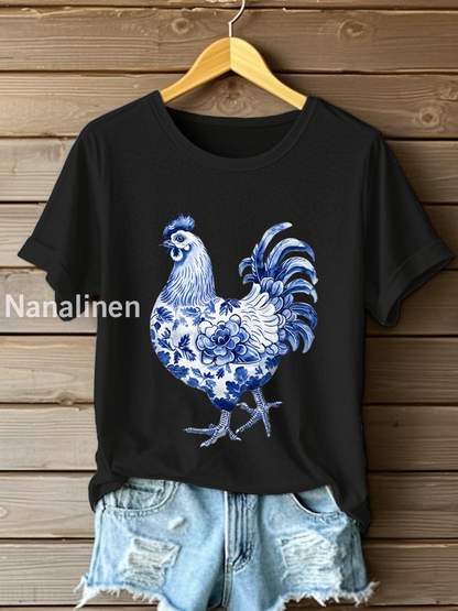 Women’s Floral Chicken Print Casual T-Shirt Black / S