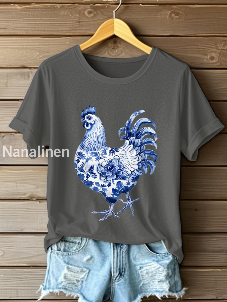 Women’s Floral Chicken Print Casual T-Shirt Dark Gray / S