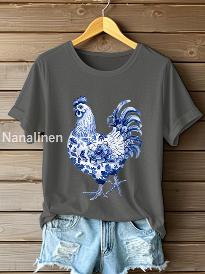 Women’s Floral Chicken Print Casual T-Shirt Dark Gray / S