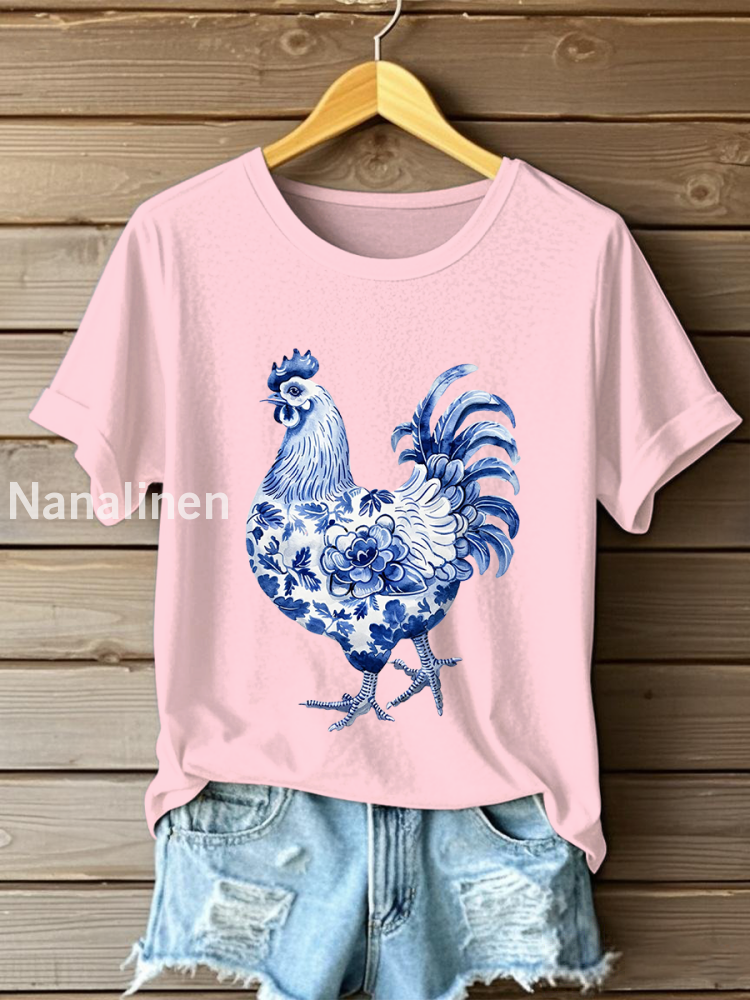 Women’s Floral Chicken Print Casual T-Shirt Light Pink / S