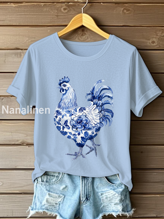 Women’s Floral Chicken Print Casual T-Shirt Sky Blue / S