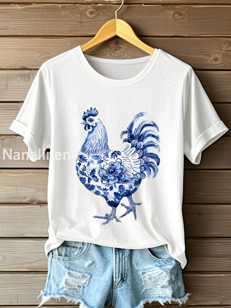 Women’s Floral Chicken Print Casual T-Shirt White / S