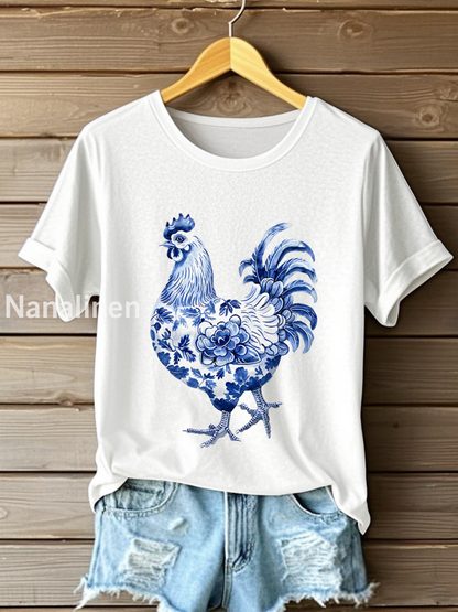 Women’s Floral Chicken Print Casual T-Shirt White / S