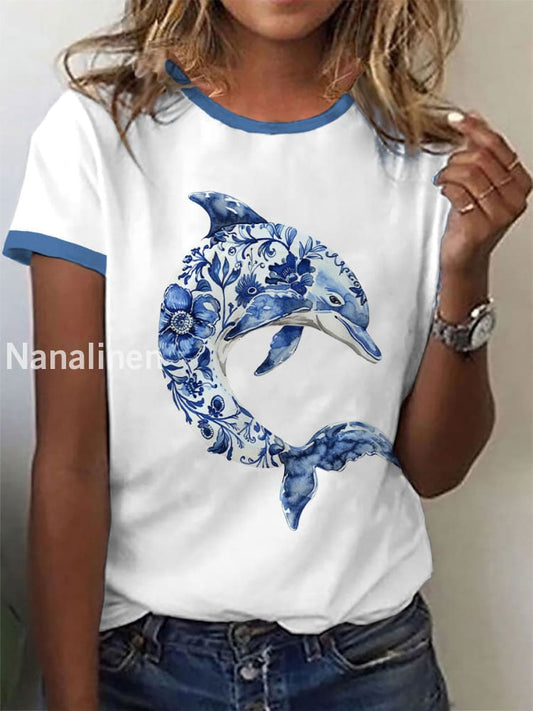 Women’s Floral Dolphin Print Casual T-Shirt White / S