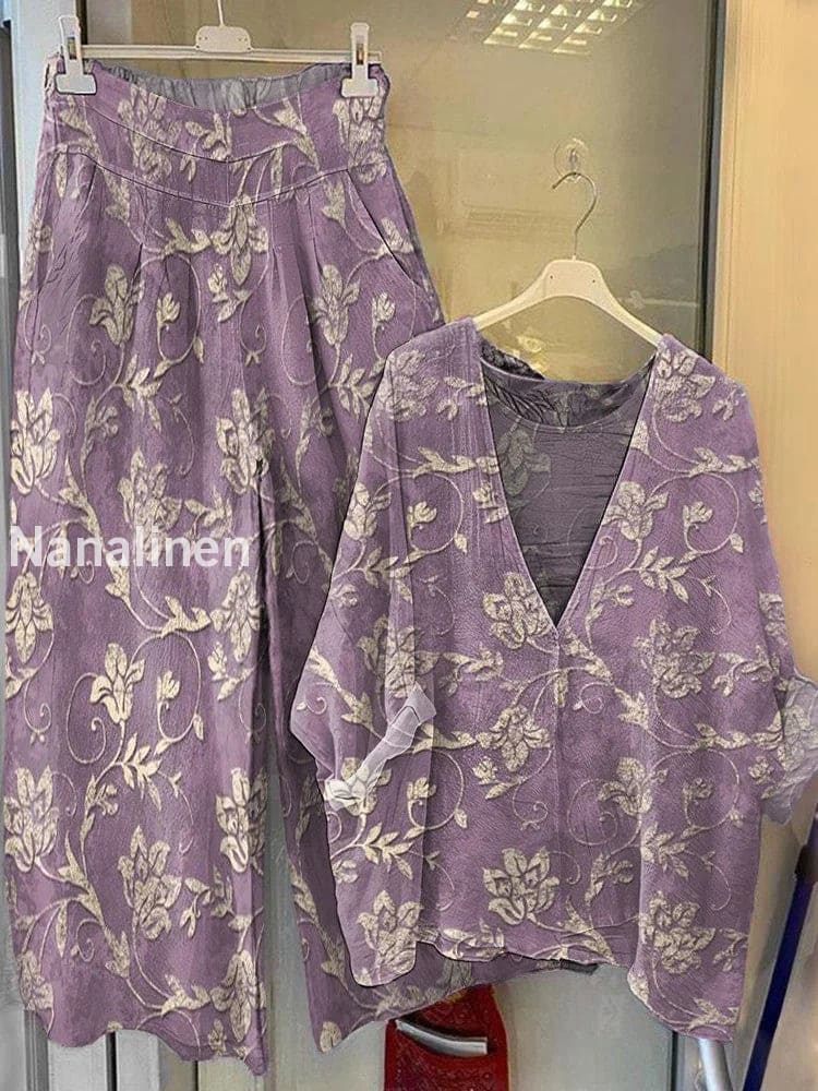 Women’s Floral Print V-Neck Wide-Leg Pants Cotton Suit A / S