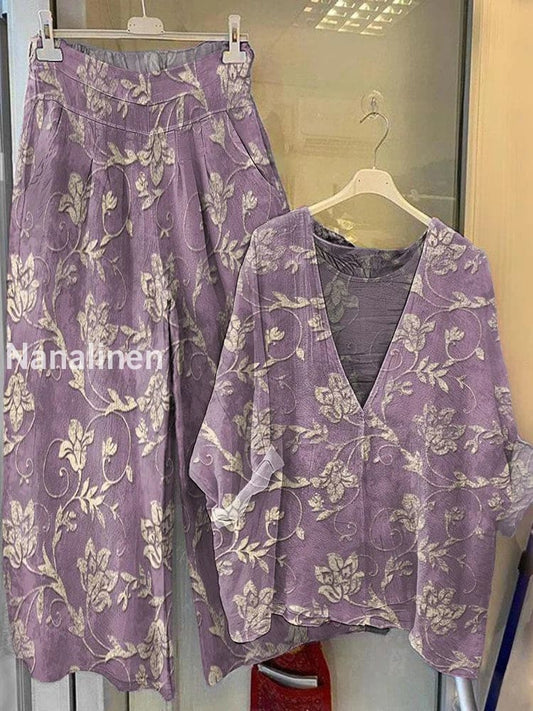 Women’s Floral Print V-Neck Wide-Leg Pants Cotton Suit A / S