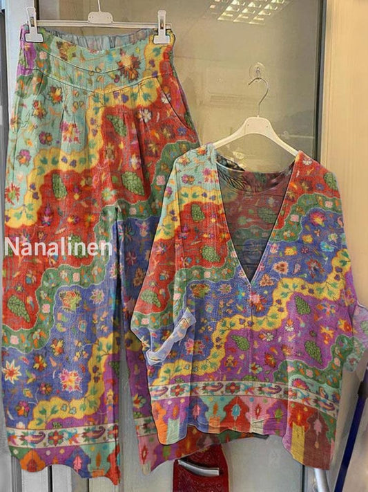 Women’s Floral Print V-Neck Wide-Leg Pants Cotton Suit A / S