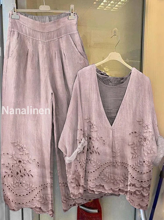 Women’s Floral Print V-Neck Wide-Leg Pants Cotton Suit A / S