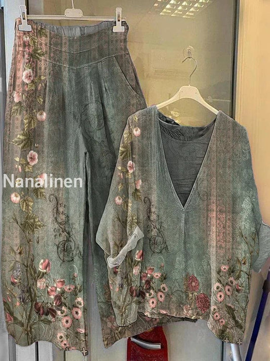 Women’s Floral Print V-Neck Wide-Leg Pants Cotton Suit A / S