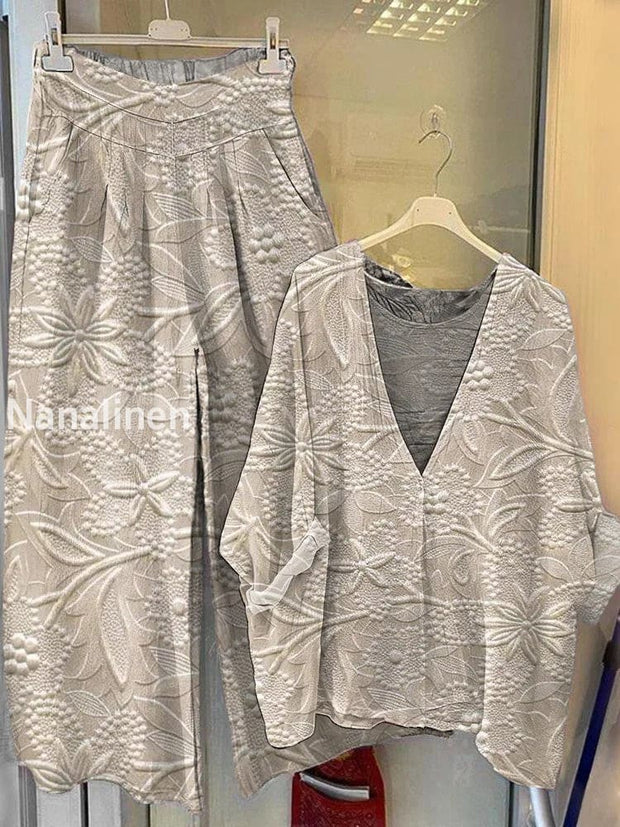 Women’s Floral Print V-Neck Wide-Leg Pants Cotton Suit A / S