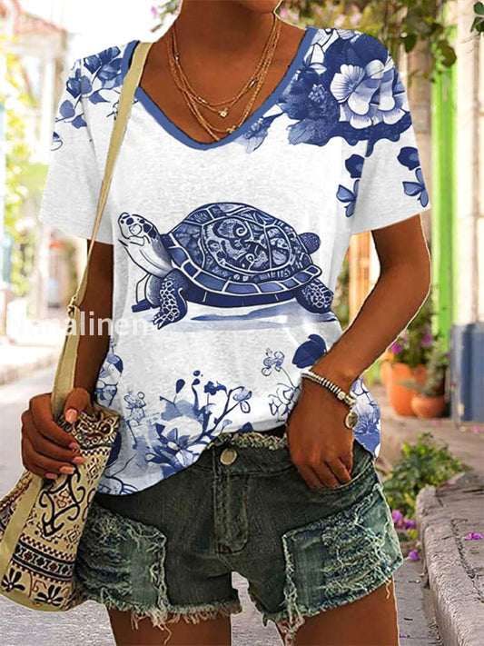 Women’s Floral Turtle Print Casual T-Shirt As picture / S