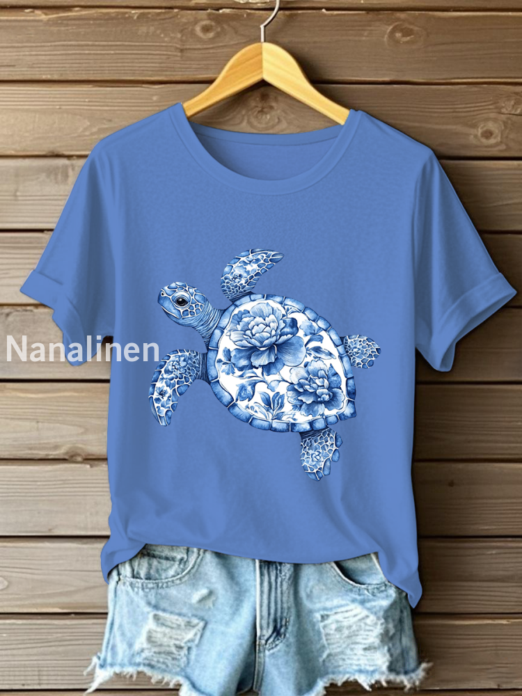 Women’s Floral Turtle Print Casual T-Shirt Light Blue / S