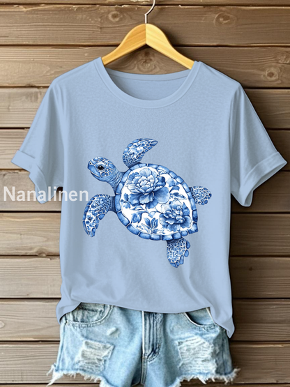 Women’s Floral Turtle Print Casual T-Shirt Sky Blue / S