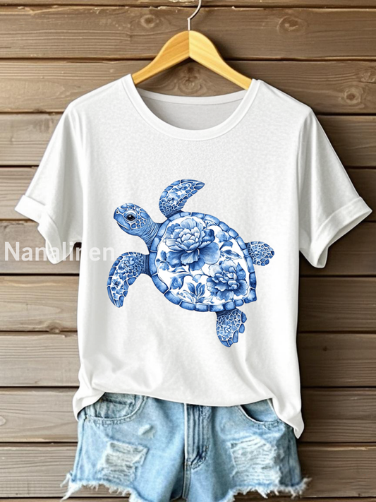 Women’s Floral Turtle Print Casual T-Shirt White / S
