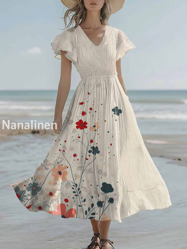 Women`s Floral Vacation Cotton And Linen Short-sleeve V-neck Dress Colorful / S