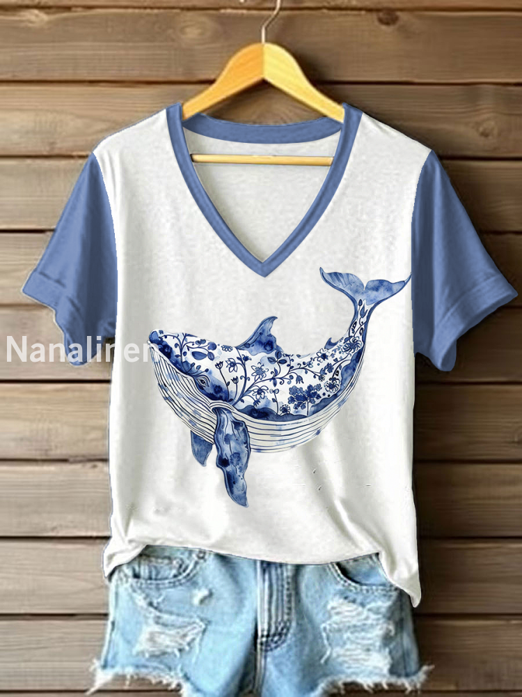 Women’s Floral Whale Print Casual T-Shirt White / S