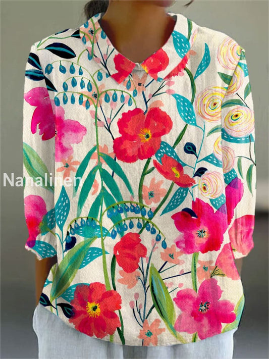 Women’s Flowers Art Print Casual Cotton and Linen Top A / S