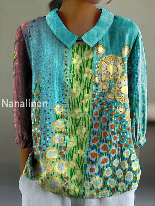 Women’s Flowers Art Print Casual Cotton and Linen Top A / S