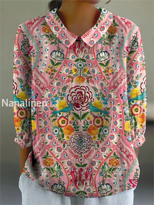 Women’s Flowers Art Print Casual Cotton and Linen Top A / S