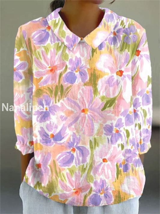 Women’s Flowers Art Print Casual Cotton and Linen Top A / S