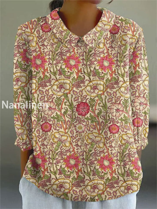 Women’s Flowers Art Print Casual Cotton and Linen Top A / S