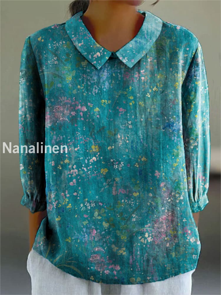 Women’s Flowers Art Print Casual Cotton and Linen Top A / S