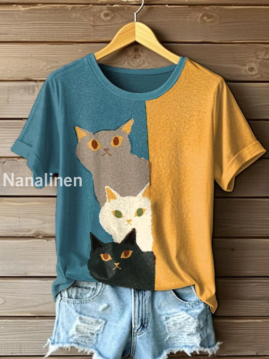 Womens Funny Cat Art Print T-Shirt As picture / S